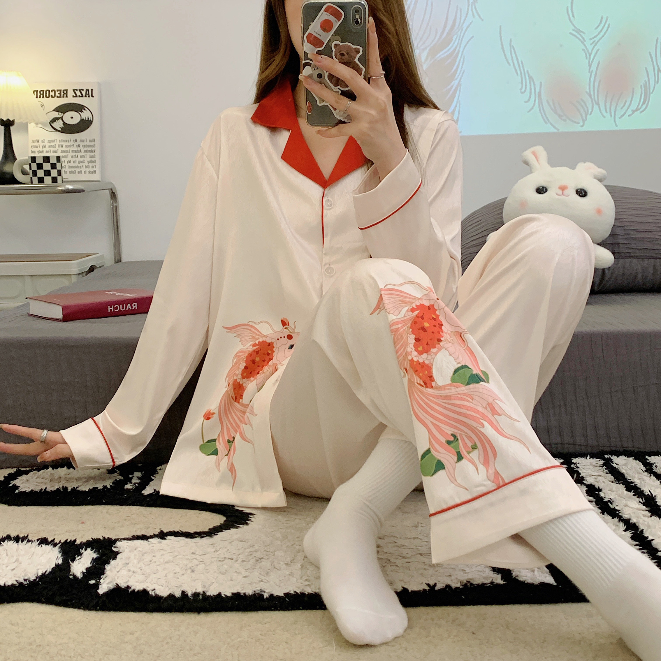 Shangyou Clothes Pajamas Women's Ice and Snow Silk Embroidered Long Sleeve Suit Premium Lapel Cardigan Lounge Suit