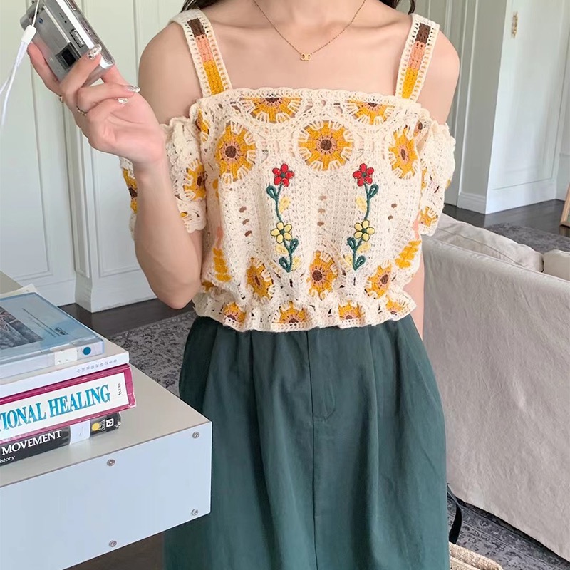 露肩鏤空鈎花短袖針織衫女夏設計感小眾甜美上衣獨特别致洋氣小衫