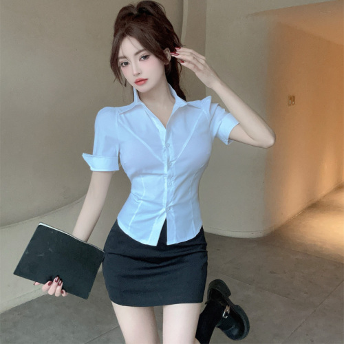 Real shot of summer sexy pure desire professional fitting short-sleeved white shirt women's collar hip skirt work clothes suit