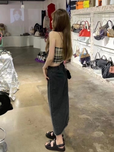 Korean style large bow design on the chest, tube top, retro plaid sling, short chest-wrapped top for women to wear outside for summer