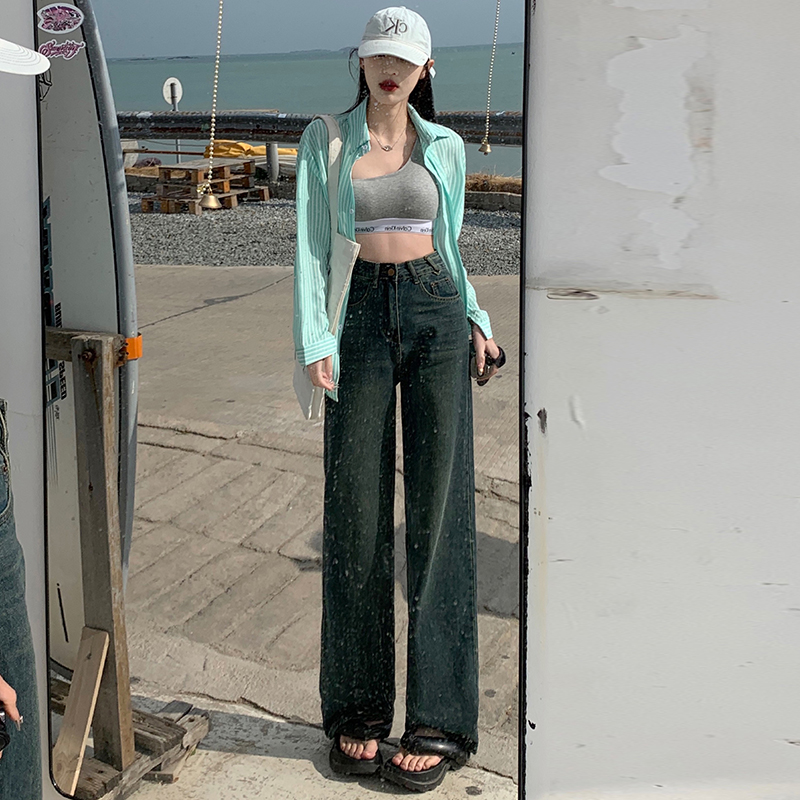 實拍~2024春夏款韓版闊腿褲牛仔褲女設計感直筒拖地牛仔褲子女ins