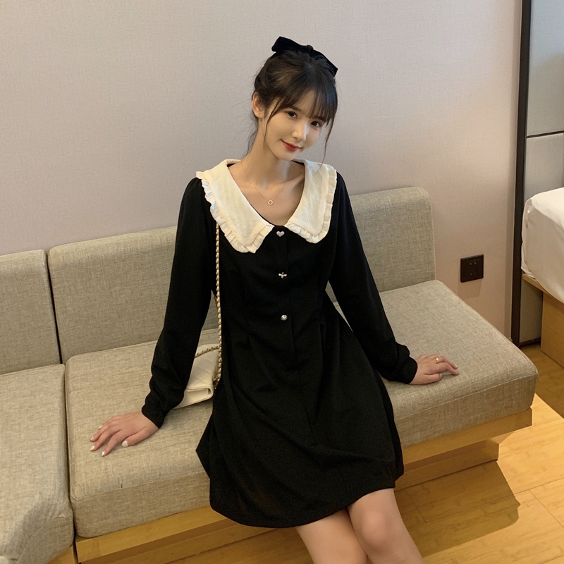 2024春裝新款實拍大碼胖MM娃娃領黑色裙收腰氣質連衣裙M-4XL200斤