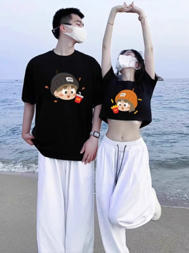 Special couple summer clothes 2024 new style one long and one short summer t-shirt different internet celebrity high-end suit