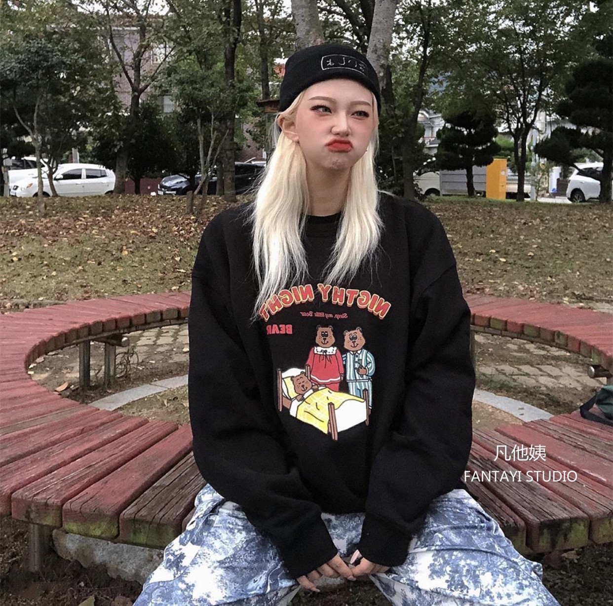 Official photo Chinese cotton composite thin 310g/plus velvet 410g autumn and winter sweatshirt for women with printed loose large size