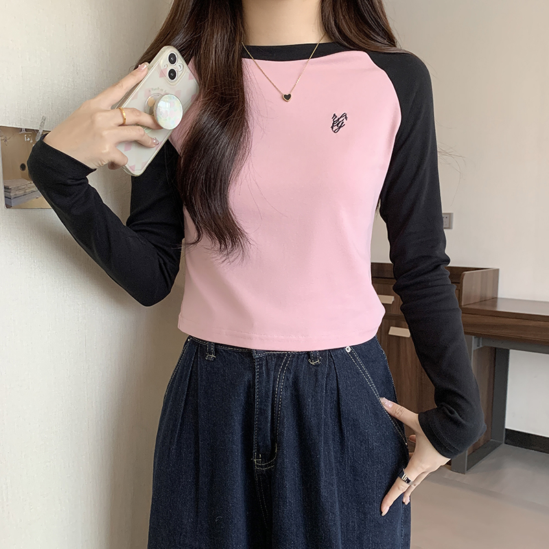 Real shot of spliced ​​embroidered T-shirt long-sleeved early spring new versatile raglan sleeves right shoulder bottoming short top