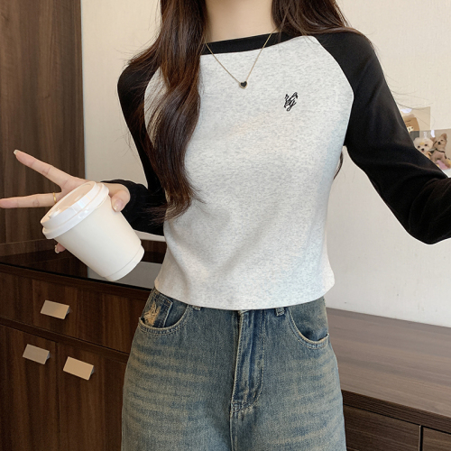 Real shot of spliced ​​embroidered T-shirt long-sleeved early spring new versatile raglan sleeves right shoulder bottoming short top