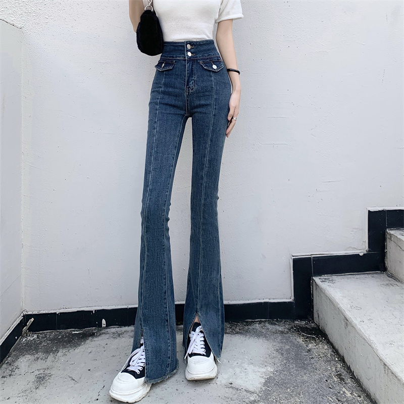 實拍  新款復古高腰修身顯瘦微喇叭開叉闊腿牛仔褲女