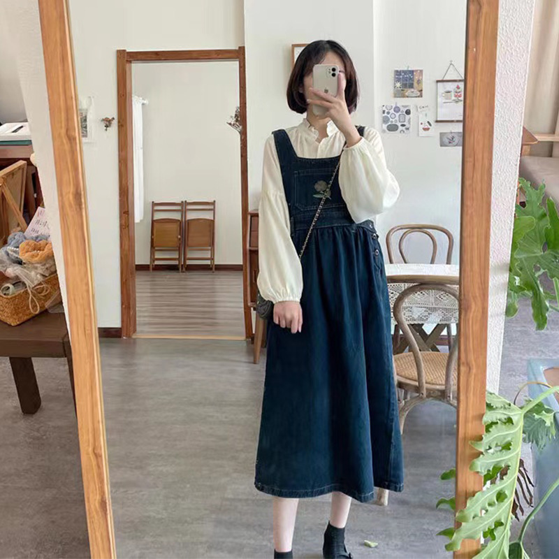 夏裝新款復古減齡牛仔背帶裙大碼可愛刺繡吊帶連衣裙S-5XL200斤