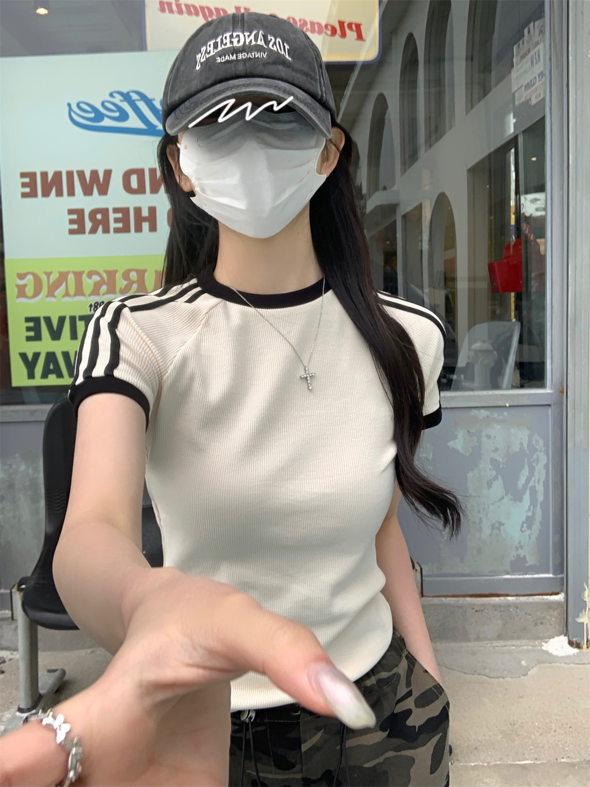 實拍 春夏新款韓版插肩槓條設計感百搭純棉短袖上衣T恤女