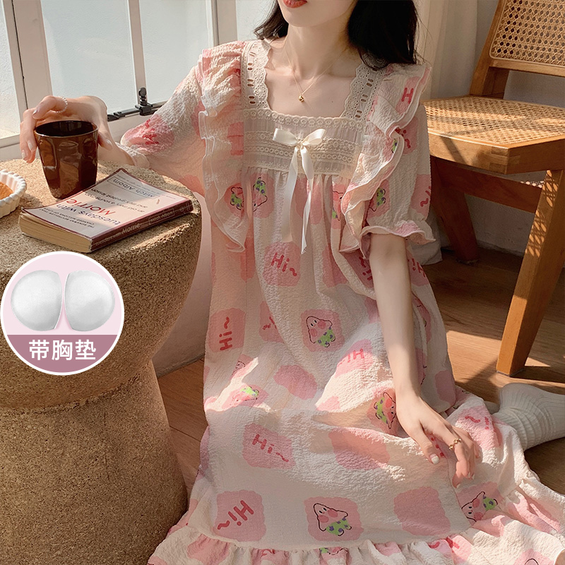 尚優衣品睡衣女夏季泡泡縐蕾絲花邊派大星休閒甜系ins風睡裙