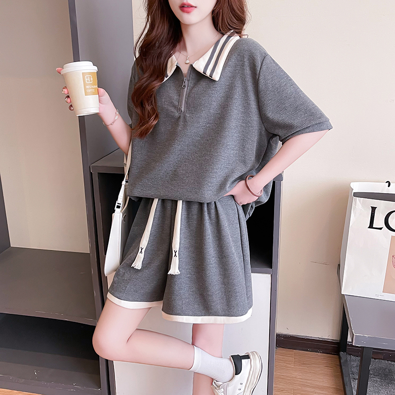 Real shot Summer Korean version loose 260g waffle POLO collar embroidered two-piece sports and leisure suit for women