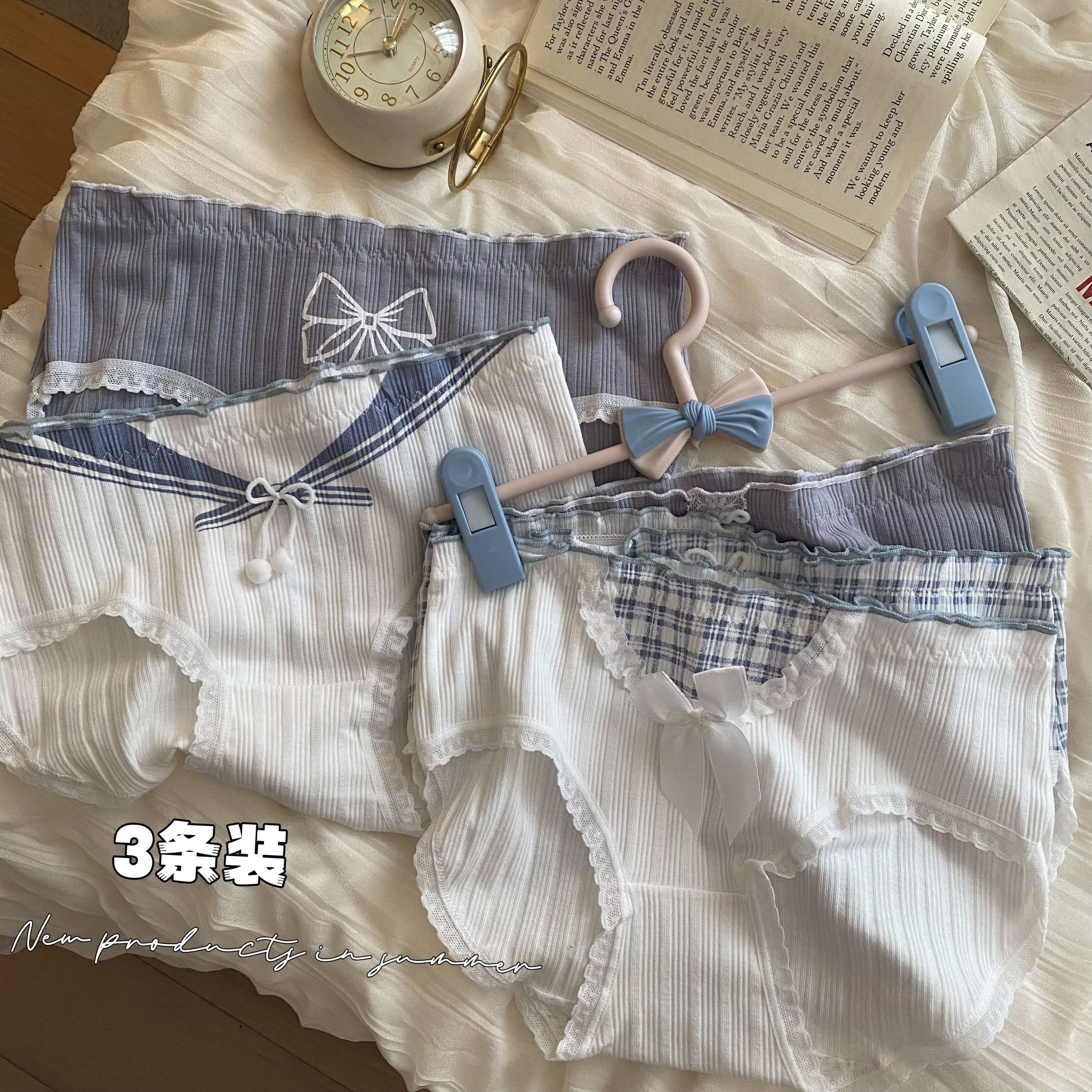 實拍性感少女格子蝴蝶結全棉抗菌襠三角褲學生內褲女 3條裝