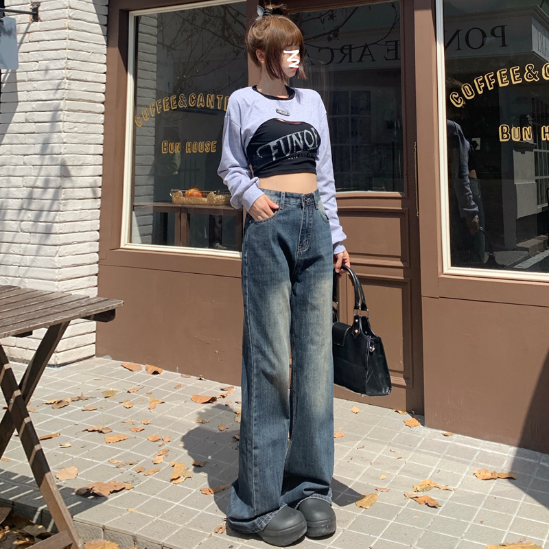 實拍2024春季高腰顯瘦闊腿微喇版型寬鬆休閒牛仔褲女