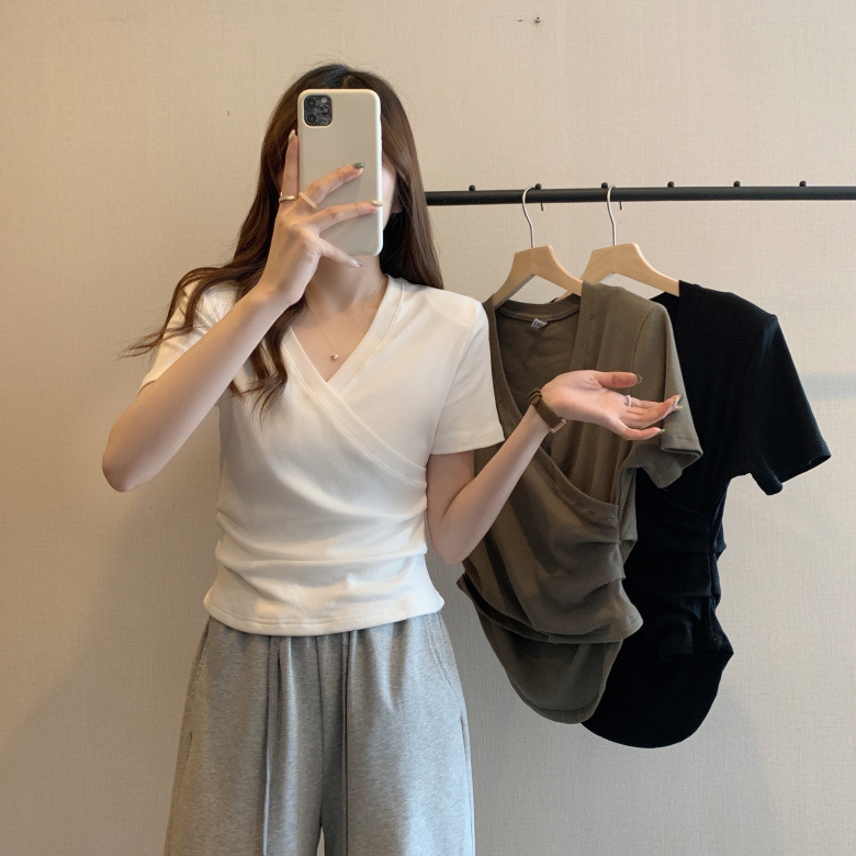 交叉v領短袖t恤女夏季修身顯瘦短款