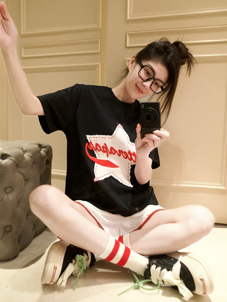 官圖 重磅/精梳純棉 後包領 有縫邊 S-XXXL 夏裝短袖T恤女