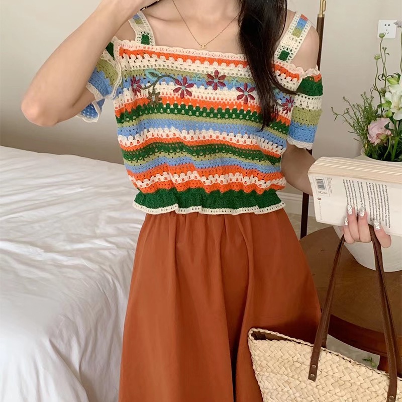 露肩鏤空鈎花短袖針織衫女夏設計感小眾甜美上衣獨特别致洋氣小衫