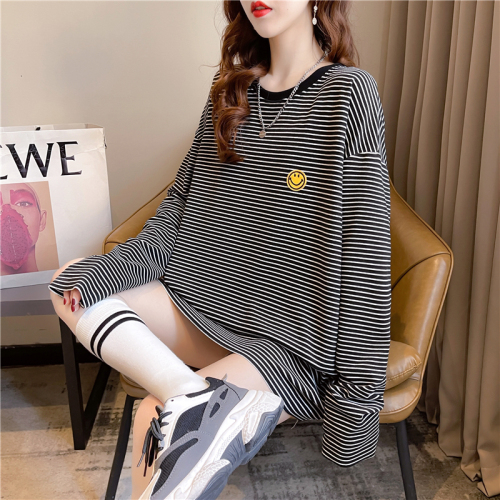 Real shot 2024 spring Korean style loose striped smiley face embroidered mid-length plus size women's long-sleeved T-shirt for women