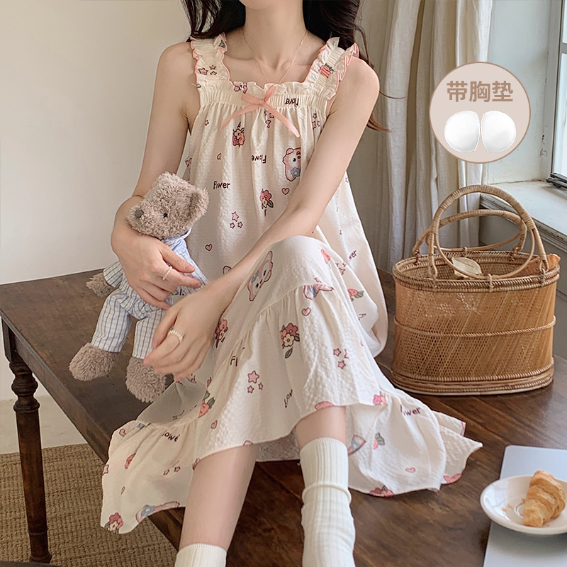 韓版吊帶睡裙少女夏季泡泡棉甜美可愛公主風帶胸墊寬鬆大碼睡衣裙