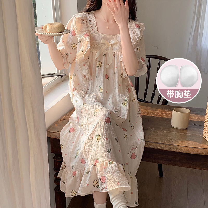 尚優衣品睡衣女夏季泡泡縐蕾絲花邊甜美休閒甜系ins風睡裙