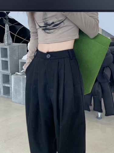 Actual shot of new spring and summer black casual high-waisted European and American suit pants with drapey wide-leg pants