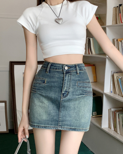 Real shot of high-waist hot girl denim skirt for women 2024 spring new slimming and small A-line hip skirt