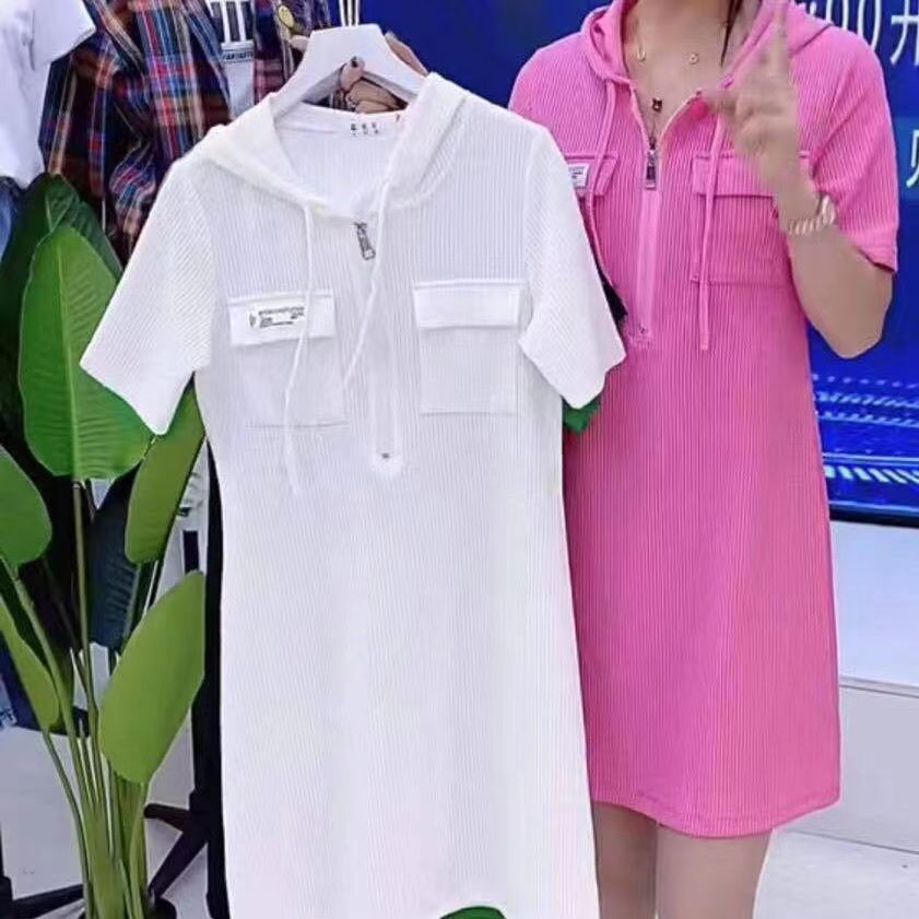 新款夏季時尚女裝百搭寬鬆連衣裙過膝POLO衫短袖翻領中長裙子女夏