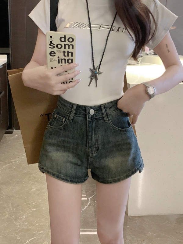 實拍#新款高腰彈力牛仔短褲女設計感水洗復古性感辣妹褲子