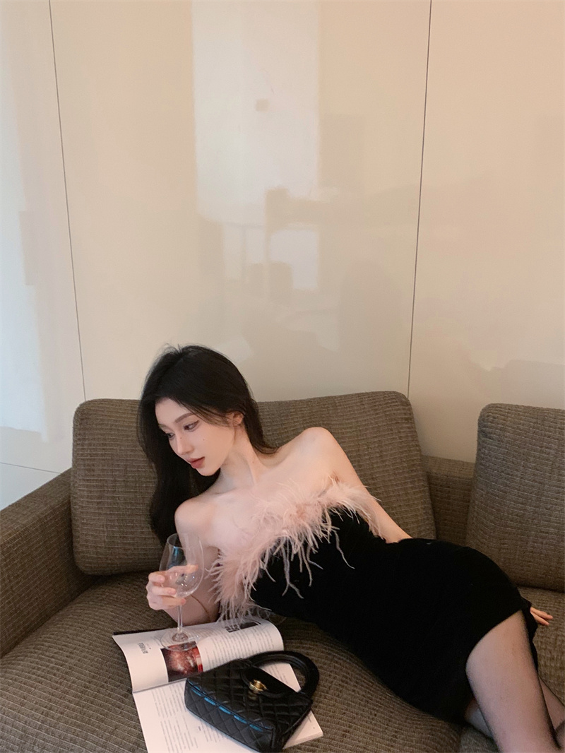 Real shot of pure lust sexy temperament fur splicing tube top dress tube top dress dress