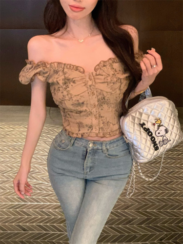 Real shot French chic puff sleeve one-shoulder top short-sleeved shirt