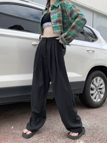 Actual shot of new spring and summer black casual high-waisted European and American suit pants with drapey wide-leg pants