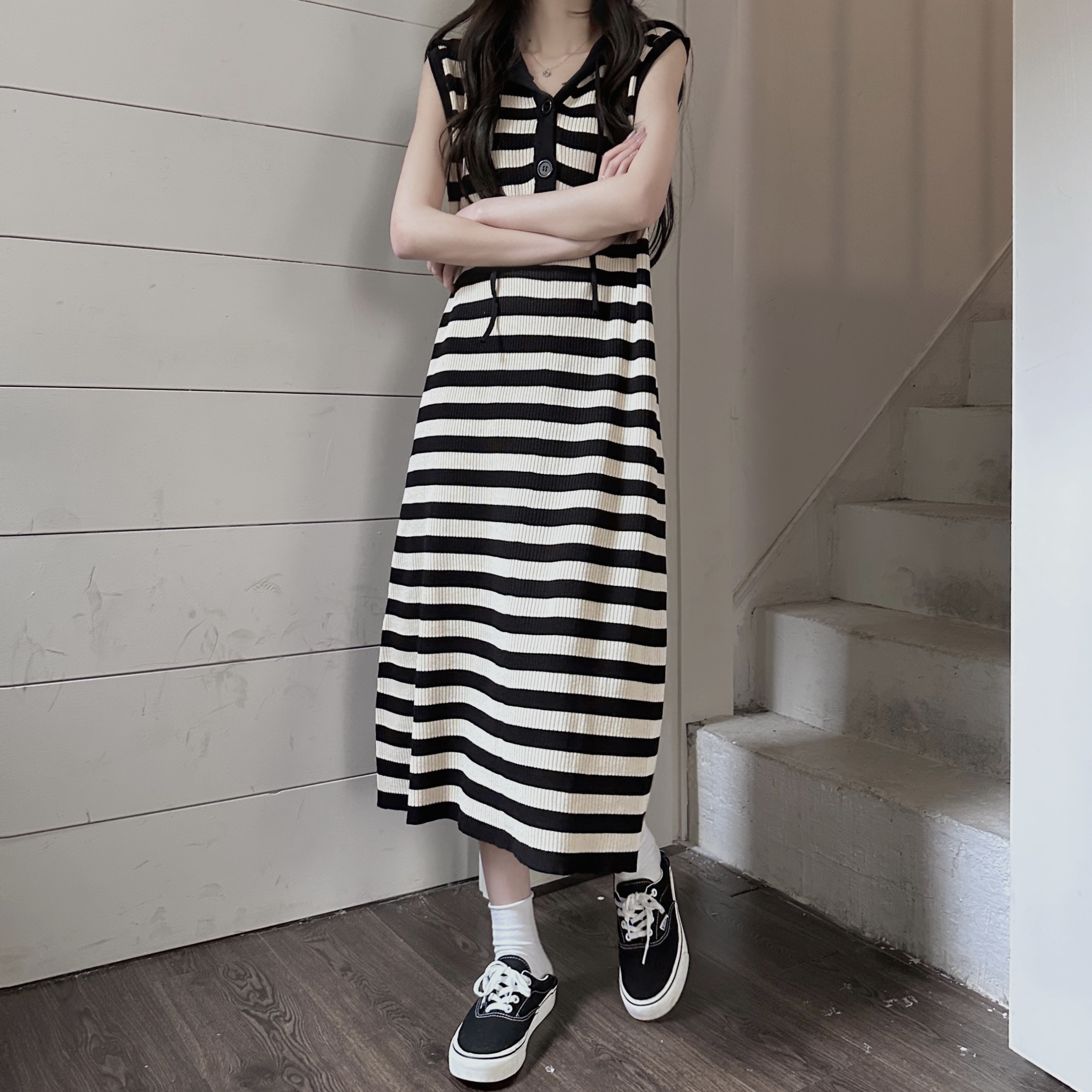 實拍 韓版條紋連帽連衣裙女寬鬆顯瘦慵懶風短袖裙子