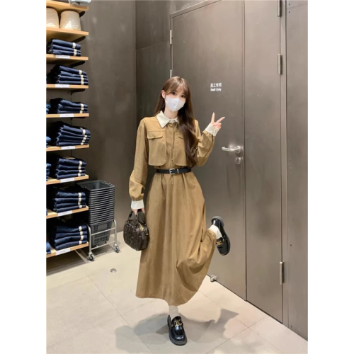 Corduroy Spring and Autumn 2024 New Hepburn Style Waist Slimming Contrast Color Fake Two Piece Mid-Length Dress Long Skirt for Women