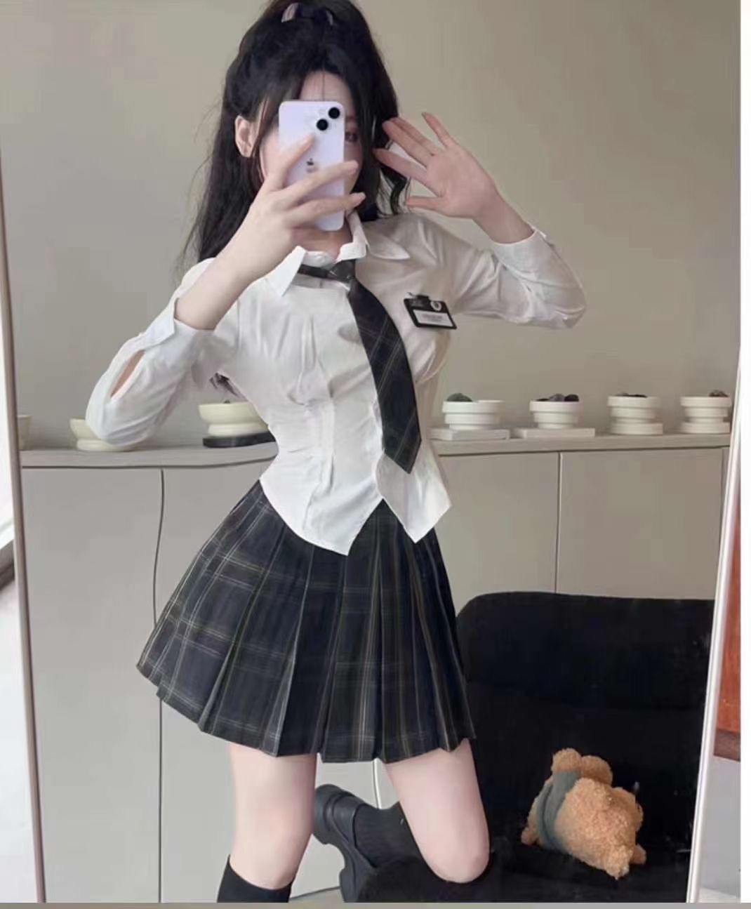 2024甜酷辣妹韓系學院風套裝女寬鬆jk領帶襯衫