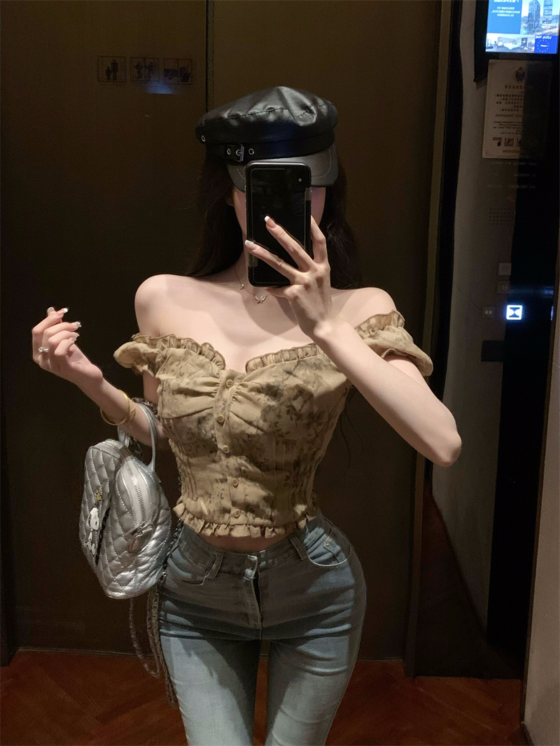 Real shot French chic puff sleeve one-shoulder top short-sleeved shirt