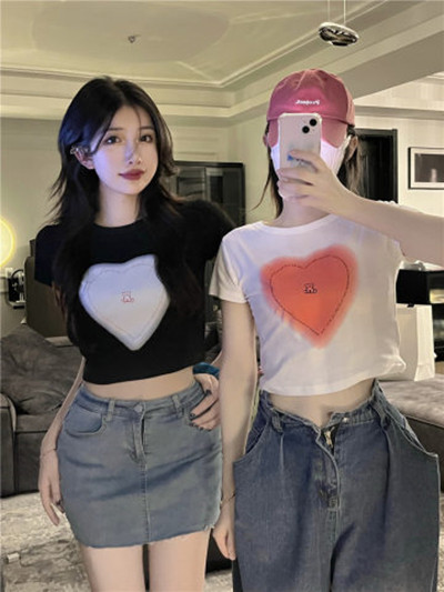 Short-sleeved T-shirt for women ins trendy summer sweet hot girl love high waist exposed navel short style for women