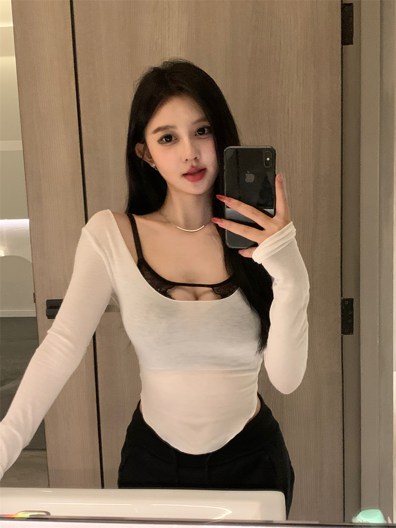 Actual shot of spring Korean style pure lust hottie sexy busty, big waist, slender sleeves bottoming shirt T-shirt