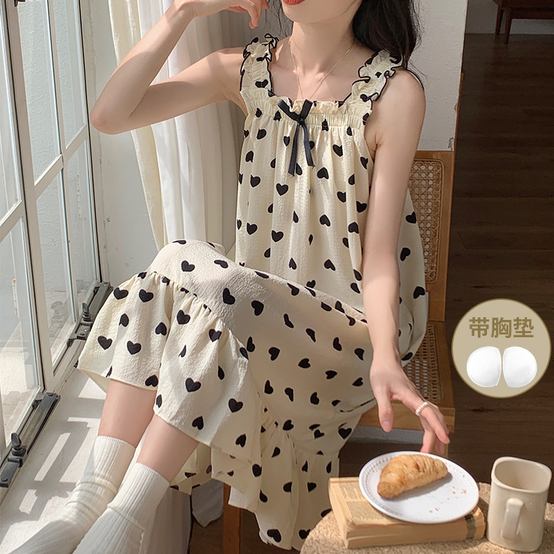 韓版吊帶睡裙少女夏季泡泡棉甜美可愛公主風帶胸墊寬鬆大碼睡衣裙