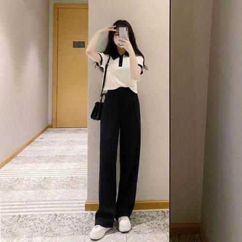 Summer trendy street-style retro Korean-style slimming top + high-waisted wide-leg pants casual wear
