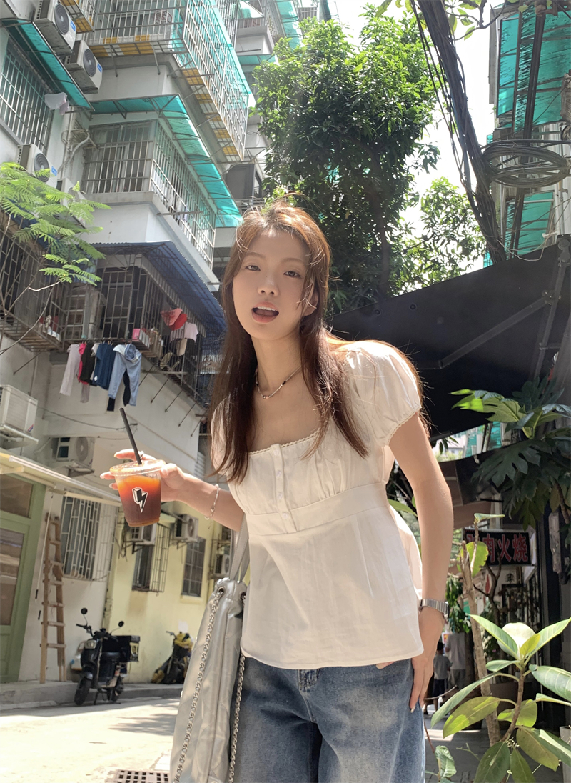 Actual shot of 2024 new summer style gentle style first love white shirt top for small women