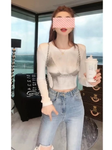 This year's popular retro printed sweet girl long-sleeved T-shirt women's new design niche short top