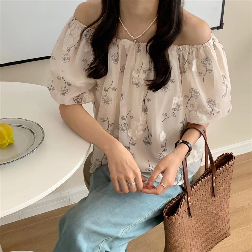Gentle style floral shirt women's summer French puff sleeve chiffon shirt mesh clavicle square neck one-shoulder top