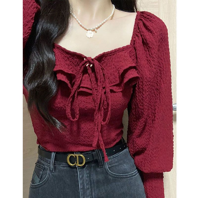 Temperament square collar exposed collarbone long-sleeved shirt 2024 Korean spring new style foreign style slim waist short top for women