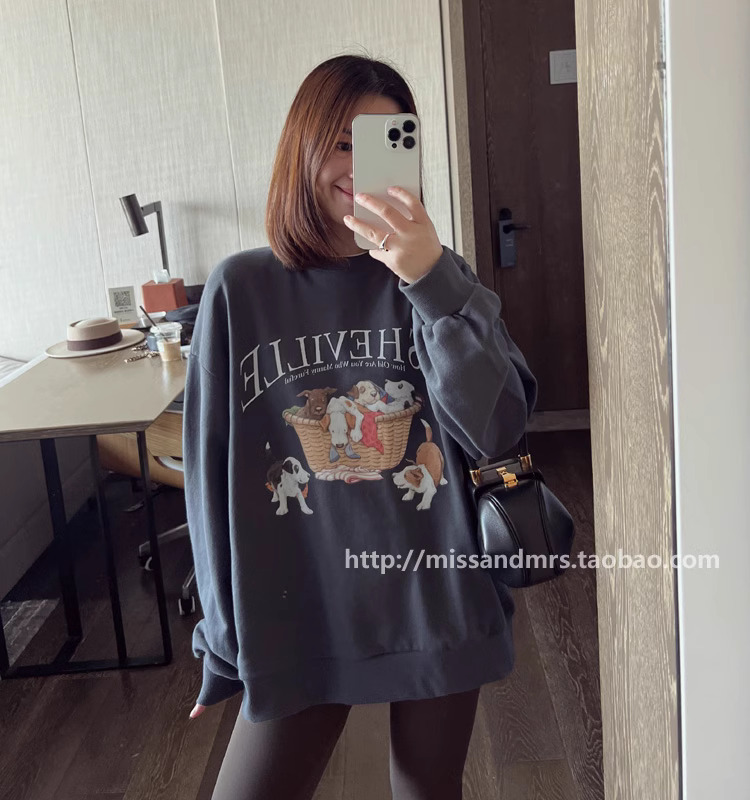 Official photo Chinese cotton composite thin 310g/plus velvet 410g autumn and winter sweatshirt for women with printed loose large size