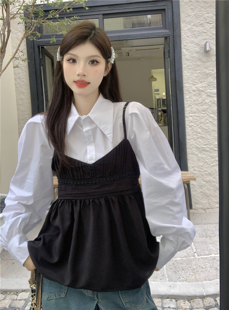 Actual shot of heavy-duty design camisole for women + loose slimming solid color shirt two-piece set