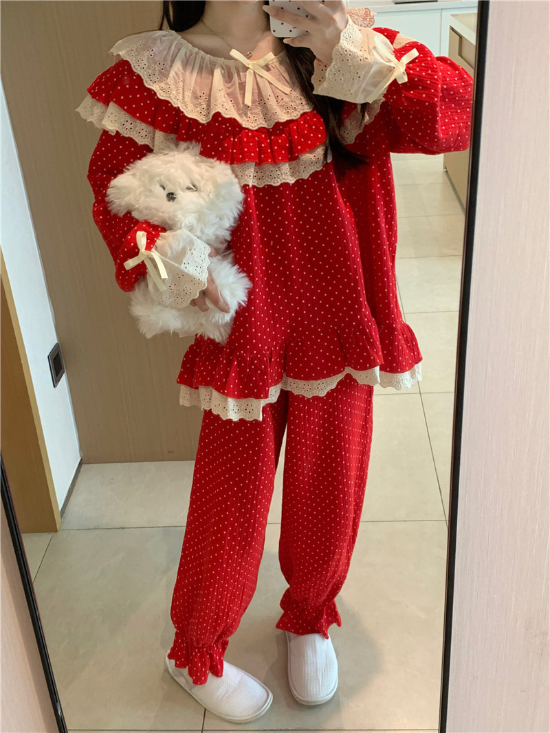 實拍韓版甜美蕾絲宮廷風軟棉雙紗波點重工刺繡蕾絲春季家居服