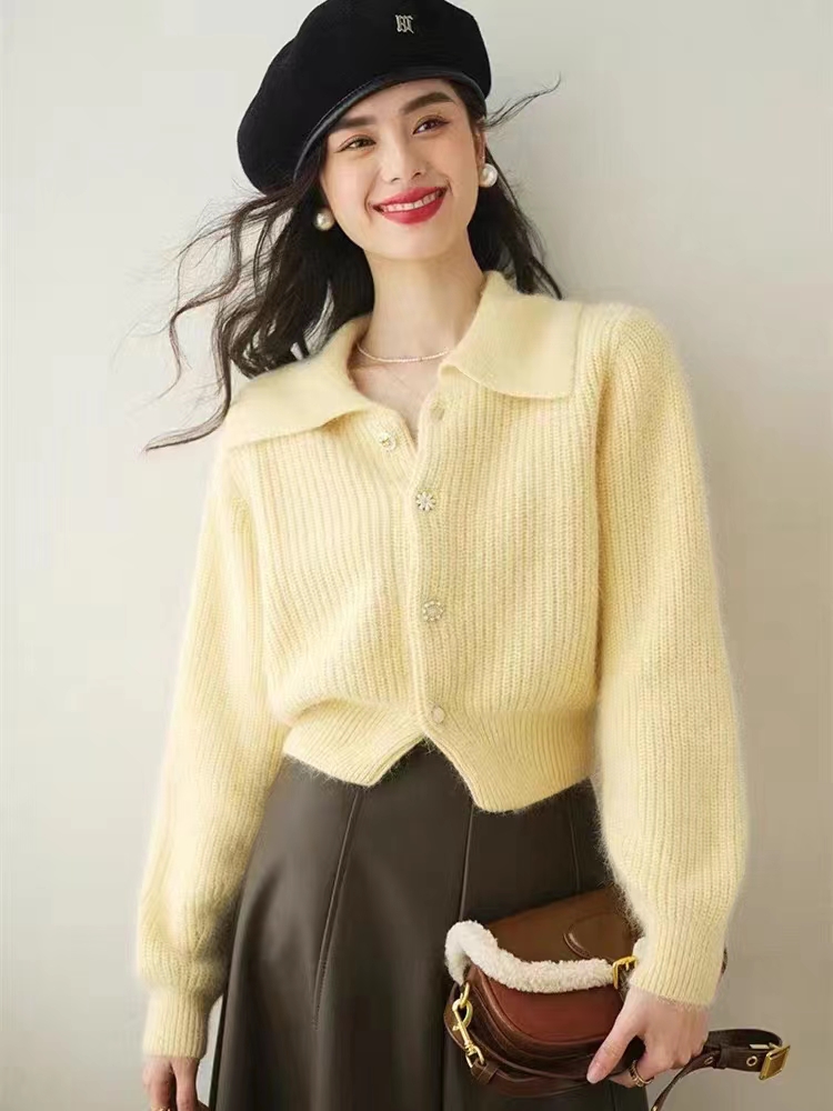 黃色翻領短款馬海毛針織開衫女春秋歐貨漂亮時尚毛衣外套polo上衣