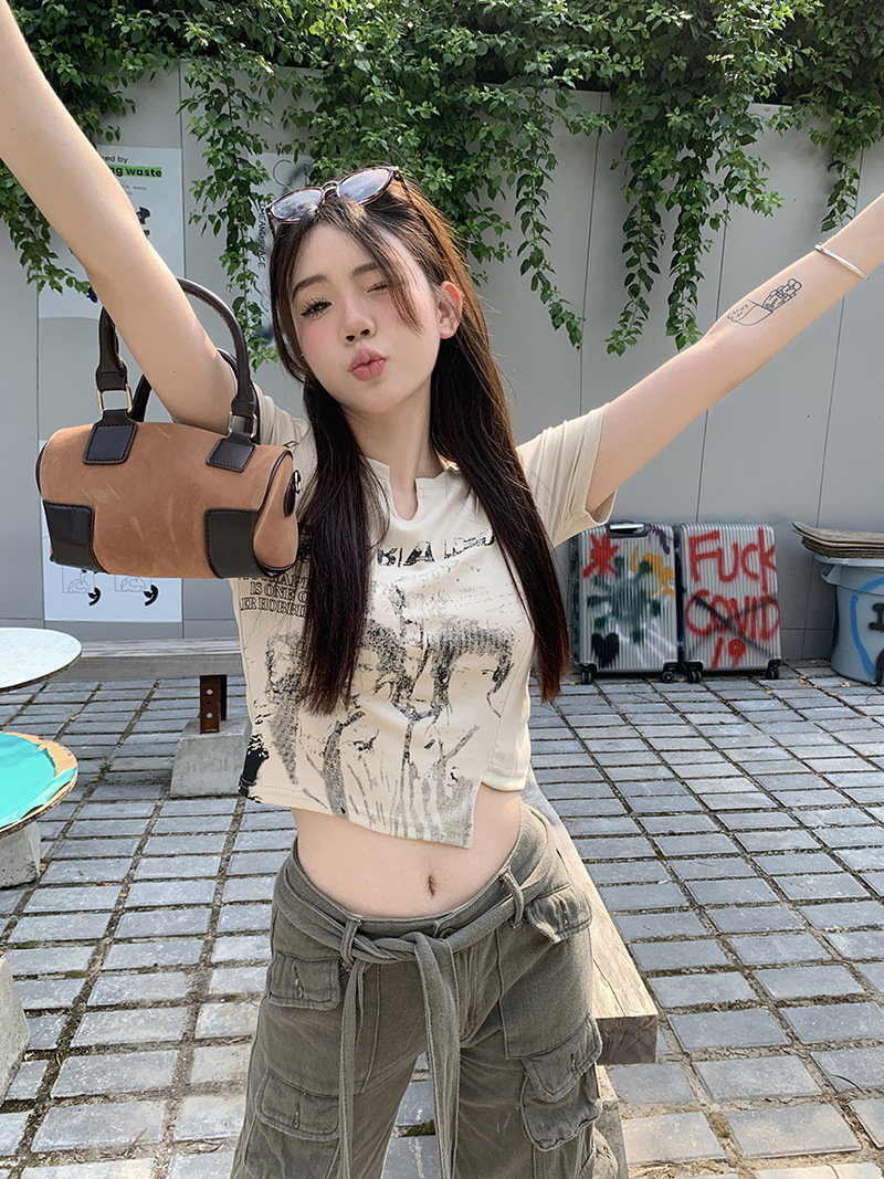 美式復古短袖t恤女夏季不規則設計感純欲辣妹短款