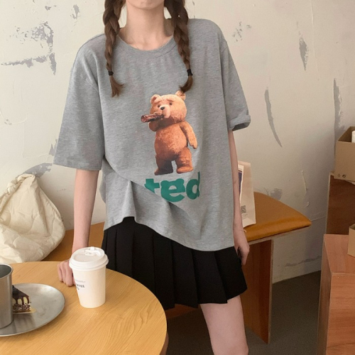 Korean style cute teddy bear printed short-sleeved T-shirt for women summer loose niche lazy style student top