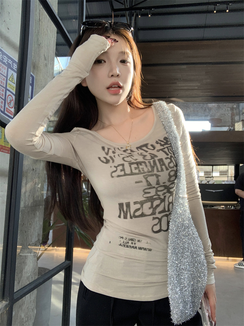 Real shot ~ American retro printed long-sleeved T-shirt for women, new slim fit inner top and bottoming shirt