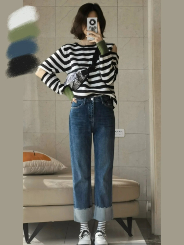 Salt style outfit niche design cigarette pipe splicing jeans high waist sweet spicy pencil pants